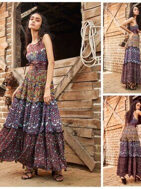 NEW $230 Bhanuni by Jyoti Anthropoloe Marala Boho-Chic Tiered Maxi Dress Belt